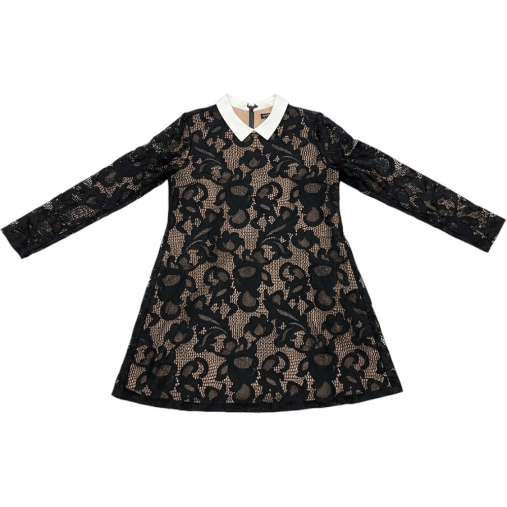 BCBGMAXAZRIA Black Lace Peter Pan Collar Long Sleeve Shift Dress Medium